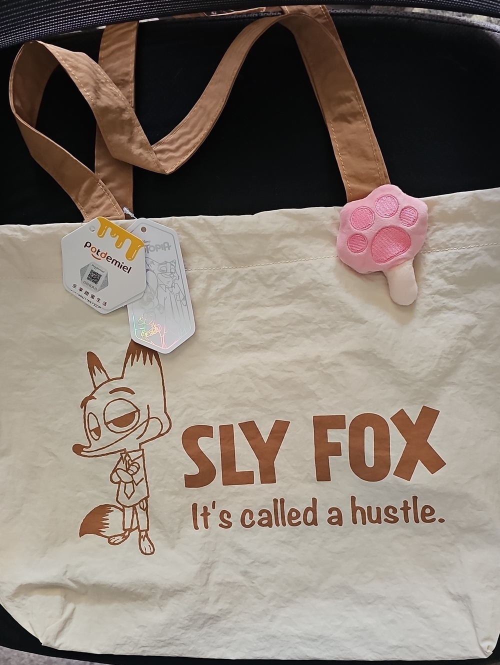 Sly Fox Cream & Brown Tote Bag with Pink Paw Charm